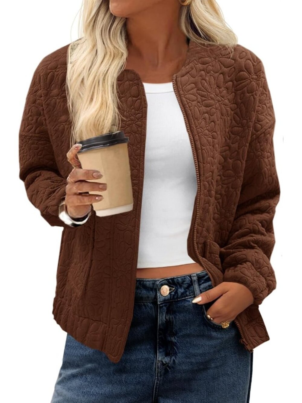 Women's Brown Jacquard Bomber Jacket Zip Up Lightweight Casual Fall Coat